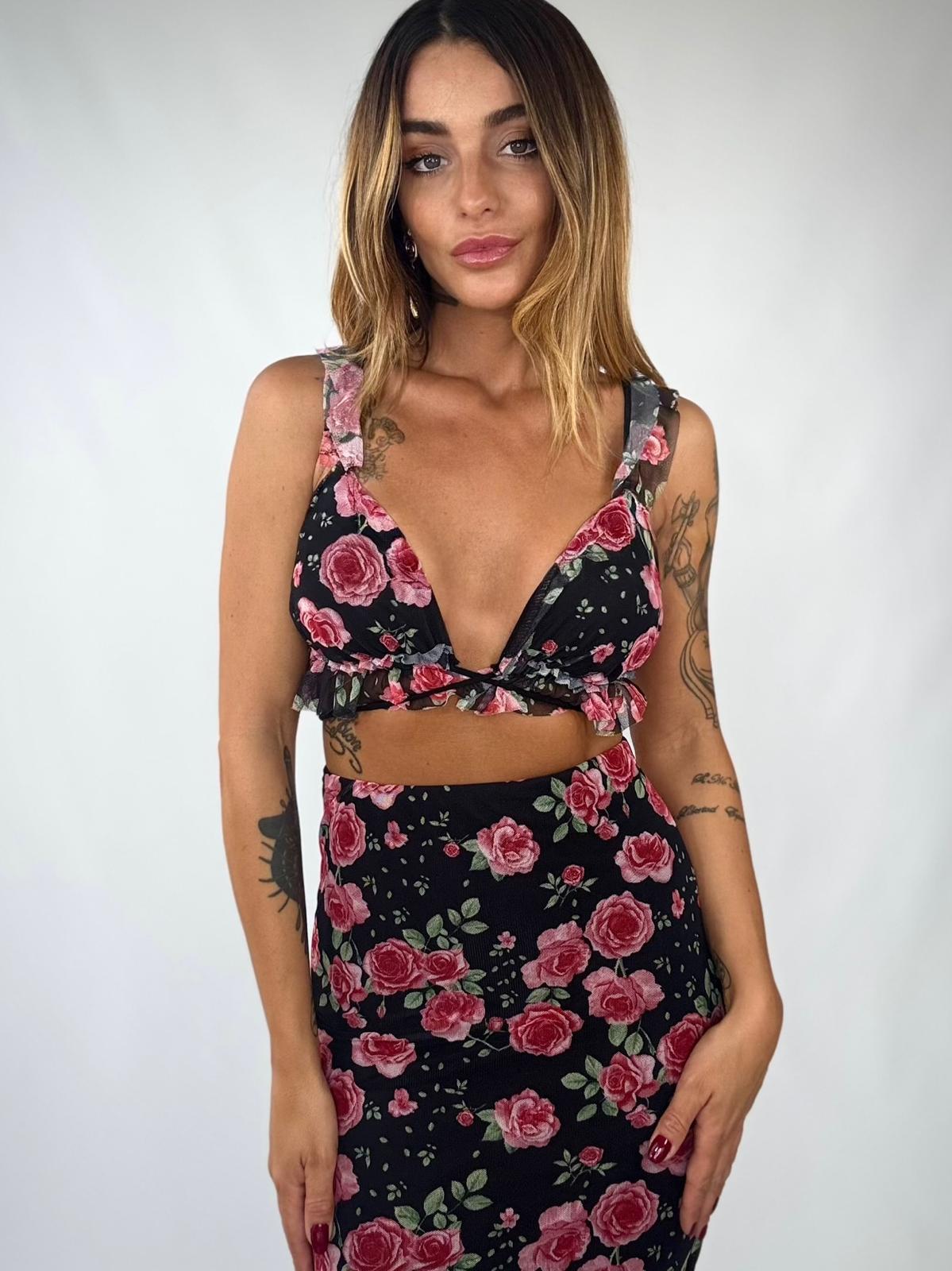 Completo Flowers Top e Gonna Midi - Nero /Fucsia