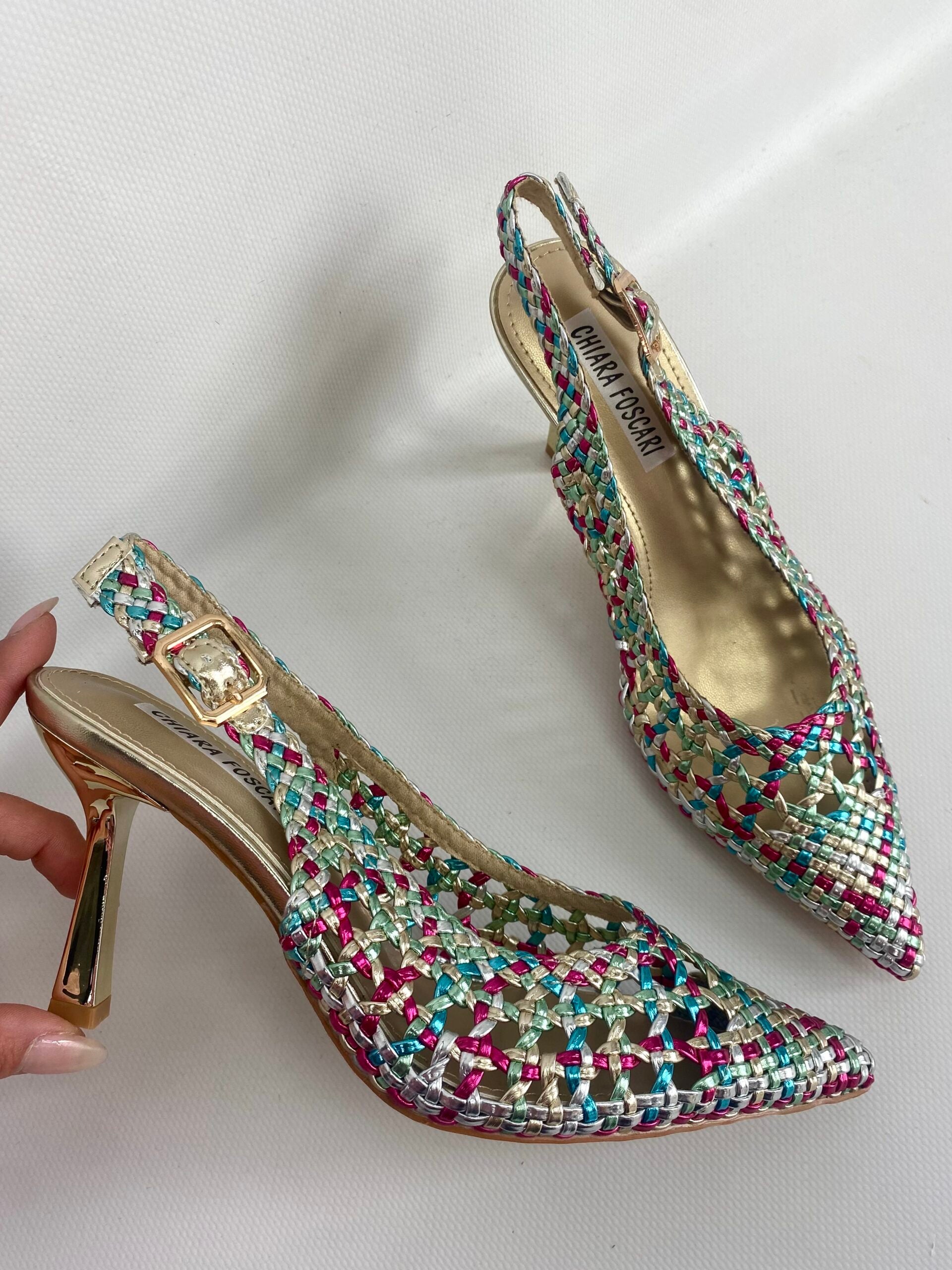 Slingback Rafia Medium Heels - Multicolor Verde / Fucsia