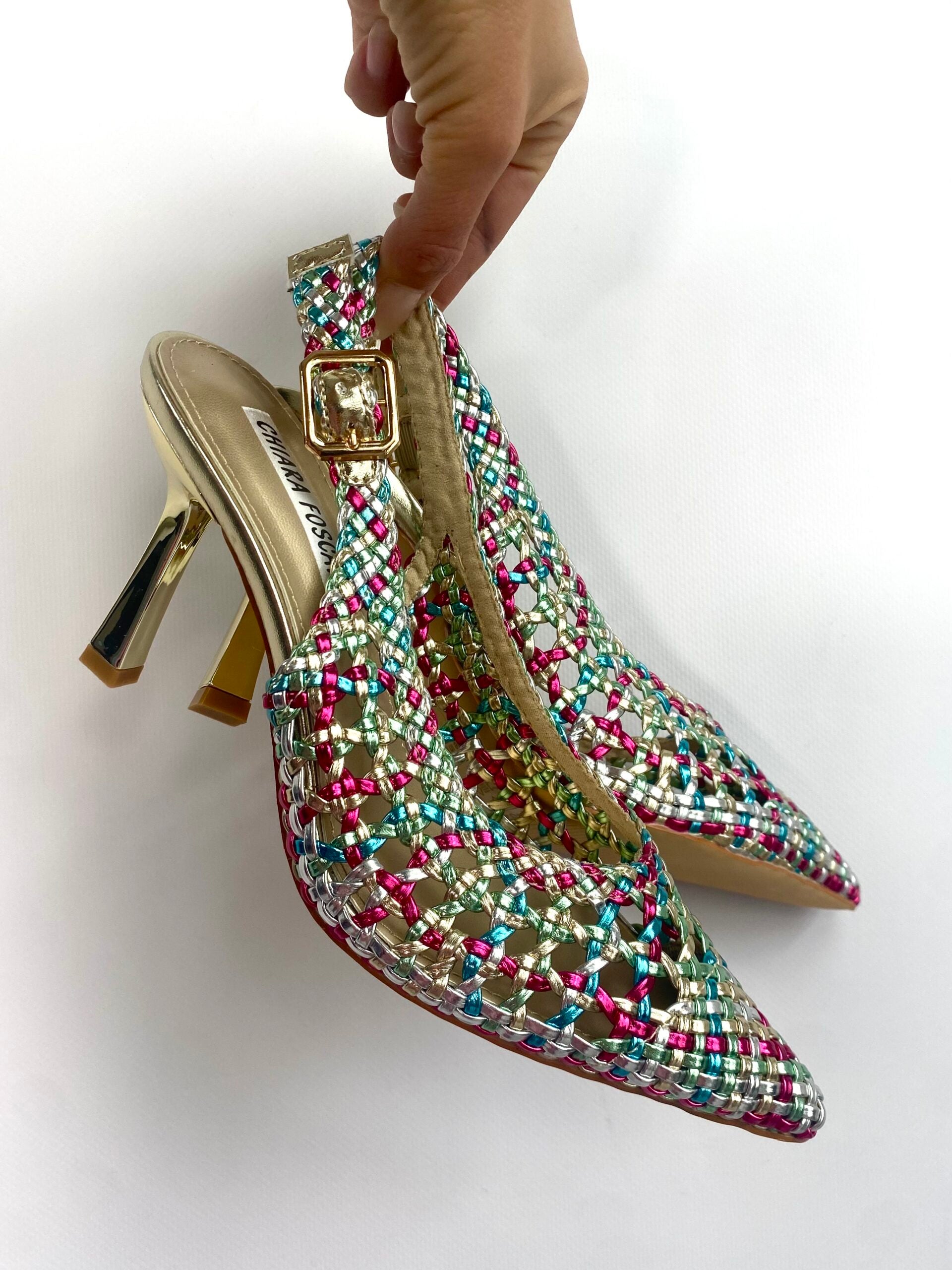 Slingback Rafia Medium Heels - Multicolor Verde / Fucsia